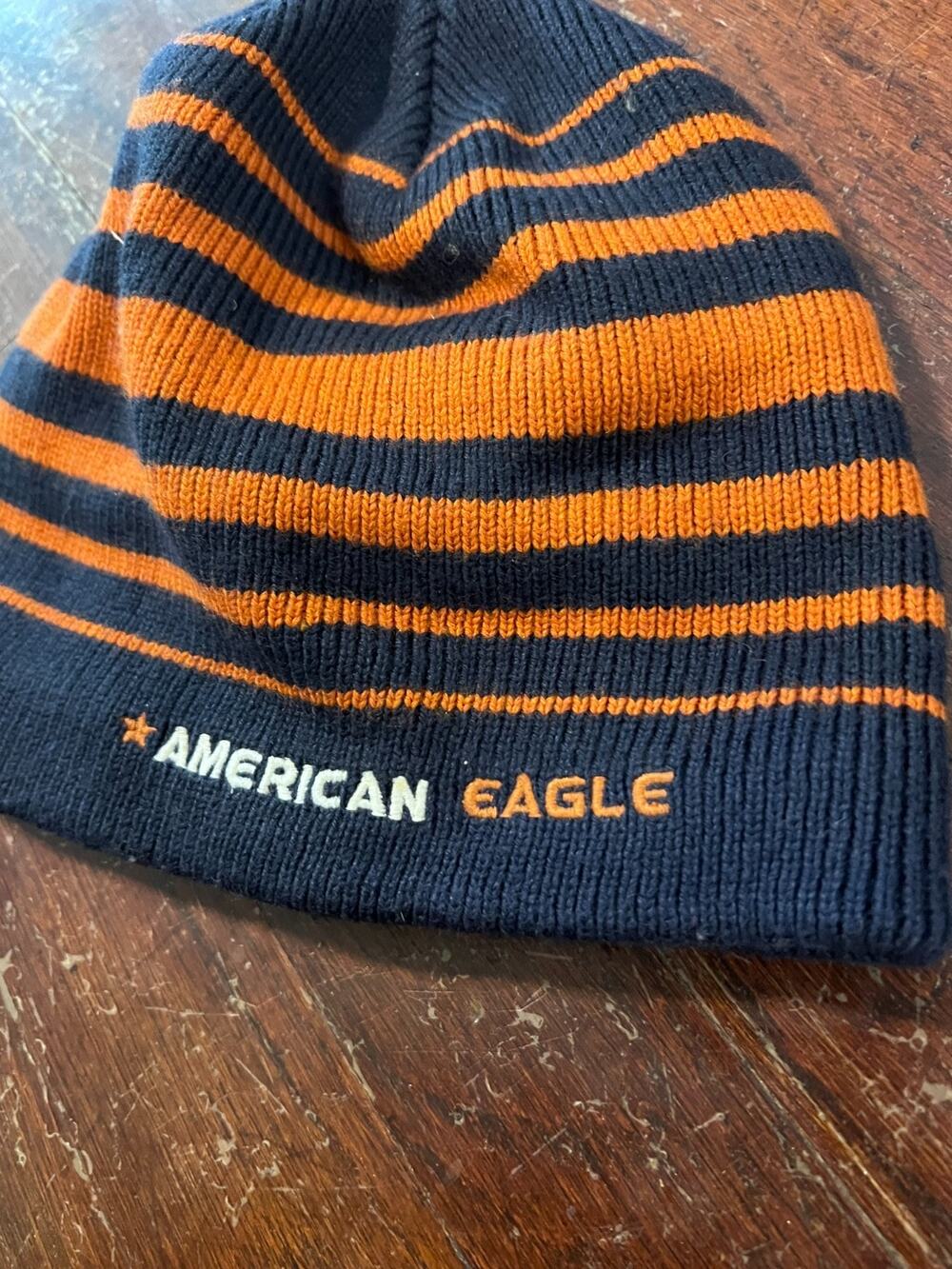 American Eagle AE77 Performance Beanie Knit Hat Navy Blue Orange Striped Unisex - Picture 2 of 4